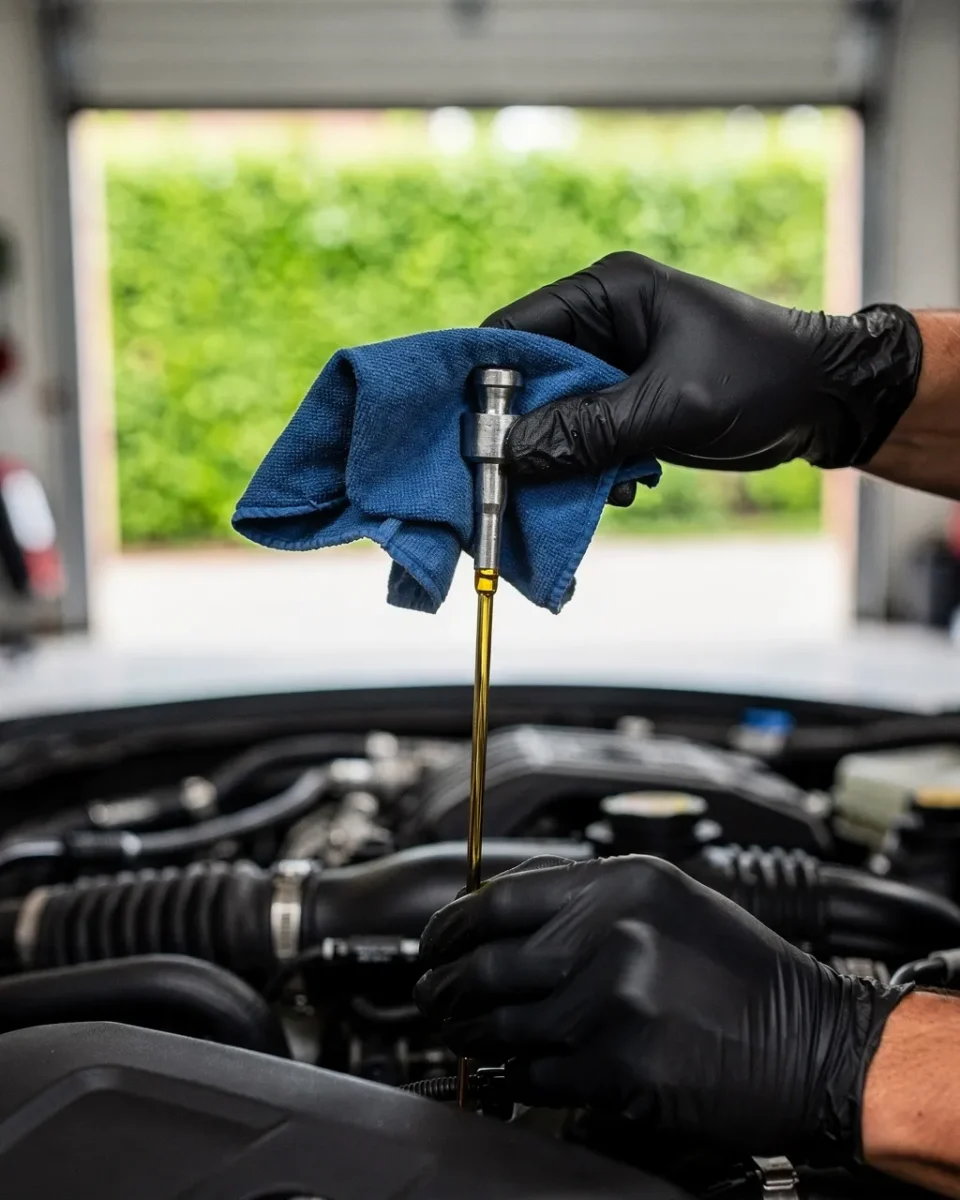 Deux mains gantées sortent la jauge d’huile d’un moteur pour lire le niveau, dans un garage ouvert sur la verdure
