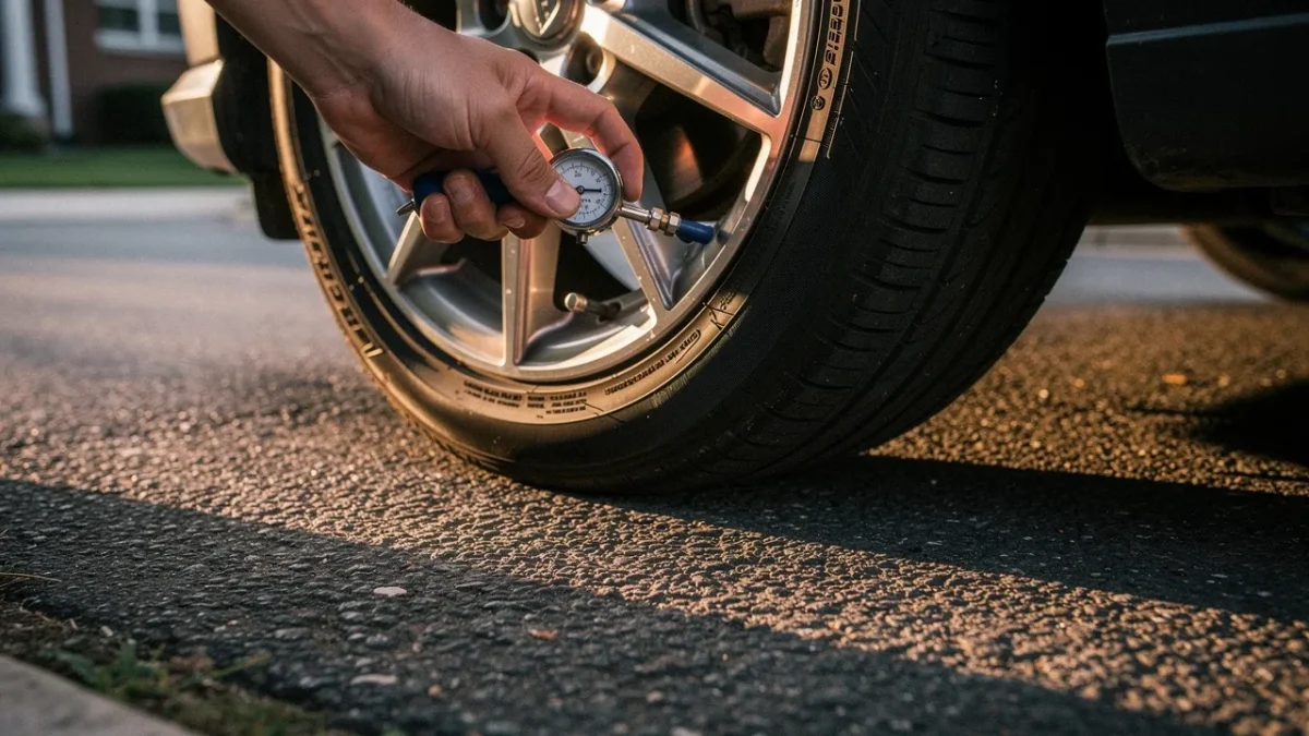 gros plan sur une main tenant un manometre applique sur la valve d un pneu Gros plan sur une main tenant un manomètre appliqué sur la valve d'un pneu de voiture pour contrôler sa pression.