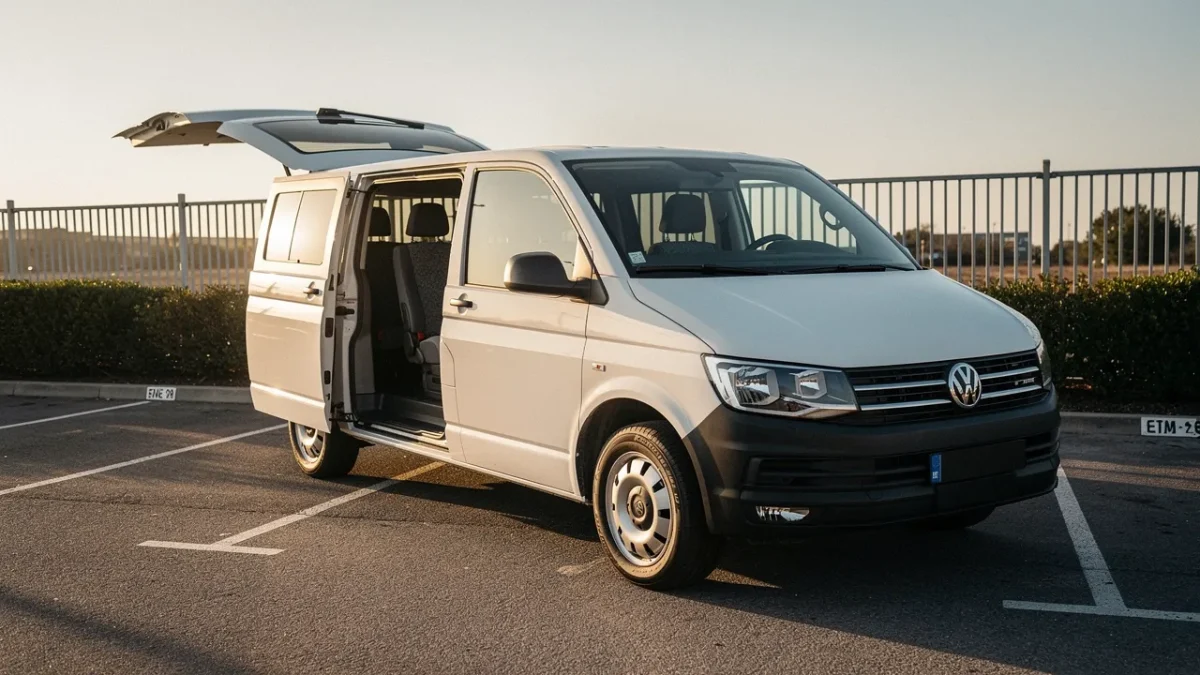 renault trafic combi blanc vu de trois quarts avec le hayon arriere ouvert Renault Trafic Combi blanc vu de trois-quarts avec le hayon arrière ouvert, montrant l'espace de coffre derrière les rangées de sièges