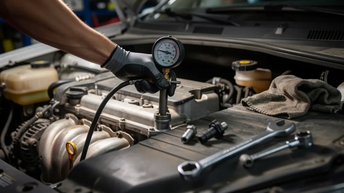 mecanicien posant un compressiometre sur un cylindre d un moteur a l atelier Mécanicien posant un compressiomètre sur un cylindre d'un moteur à l'atelier pour tester la compression.