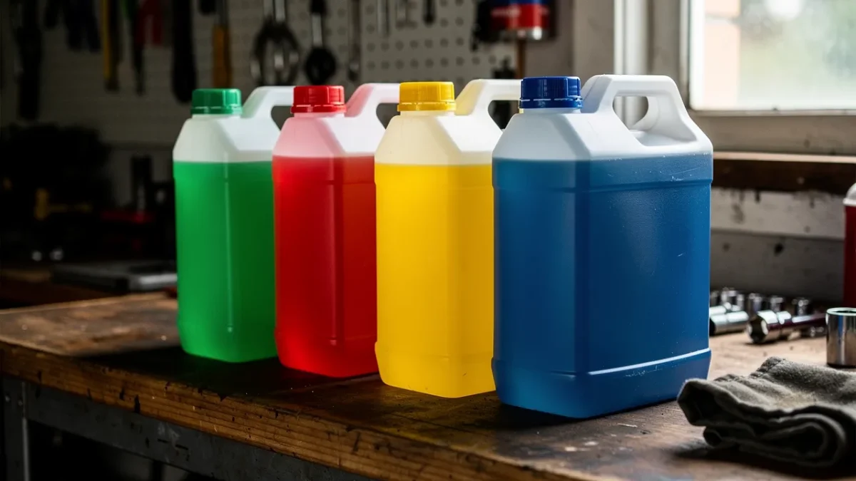 quatre bidons ou flacons de liquide de refroidissement de couleurs vert rouge Quatre bidons ou flacons de liquide de refroidissement de couleurs vert, rouge, jaune et bleu posés côte à côte.