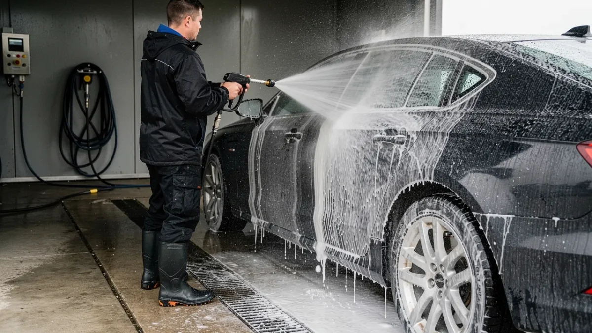 un automobiliste rince sa voiture a la lance haute pression dans un Un automobiliste rince sa voiture à la lance haute pression dans un box de lavage en libre-service.